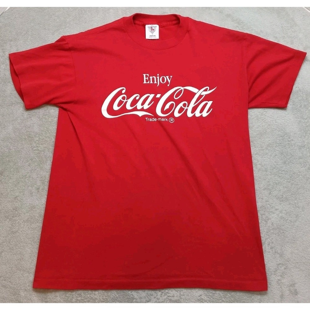 VTG COCA COLA Trade-Mark Spell Out Single Stitch T Shirt Mens M 90s Red USA.